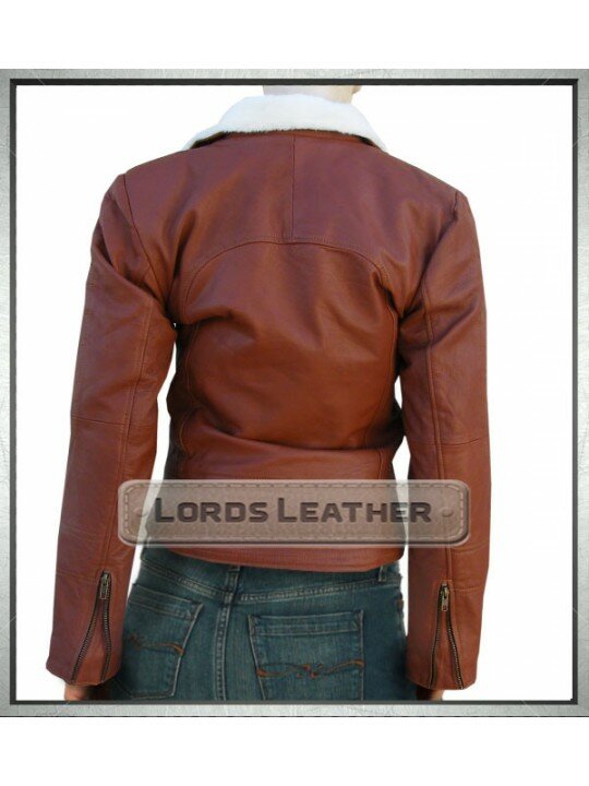 Tan Ladies Fur Collar Aviator Leather Jacket